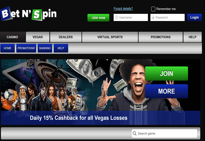 Bet'N'Spin Casino Home Page