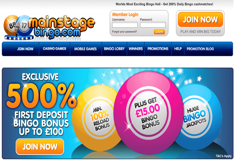 Mainstage Bingo Casino Home Page