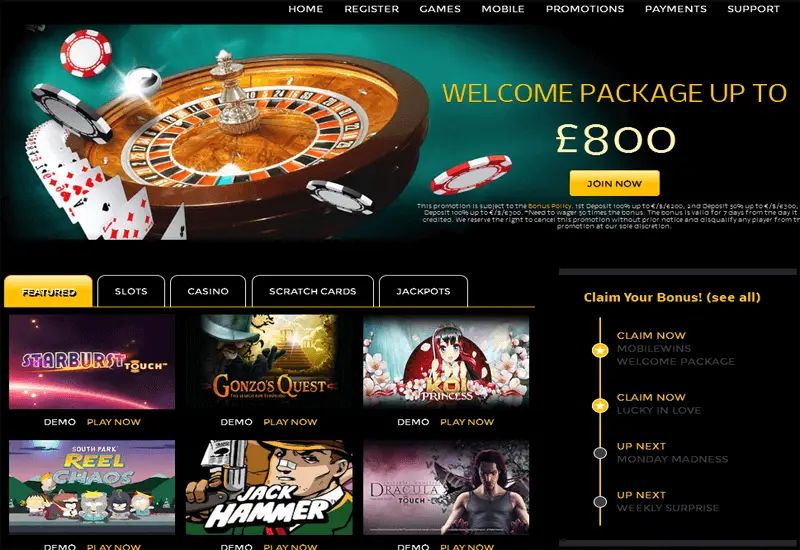 Mobile Wins Casino Home Page