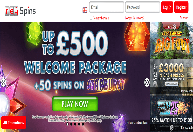 Red Spins Casino Home Page